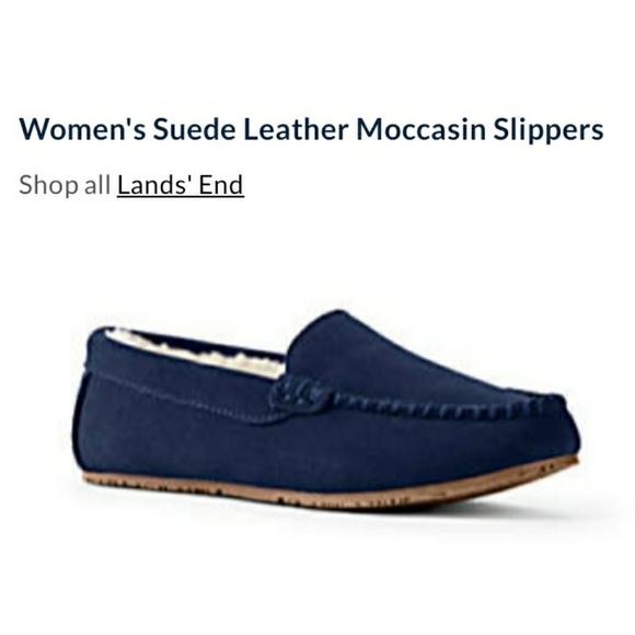 Lands End Suede Leather Moccasins Slippers Navy Blue Faux Fur Lining 7B - Picture 2 of 9